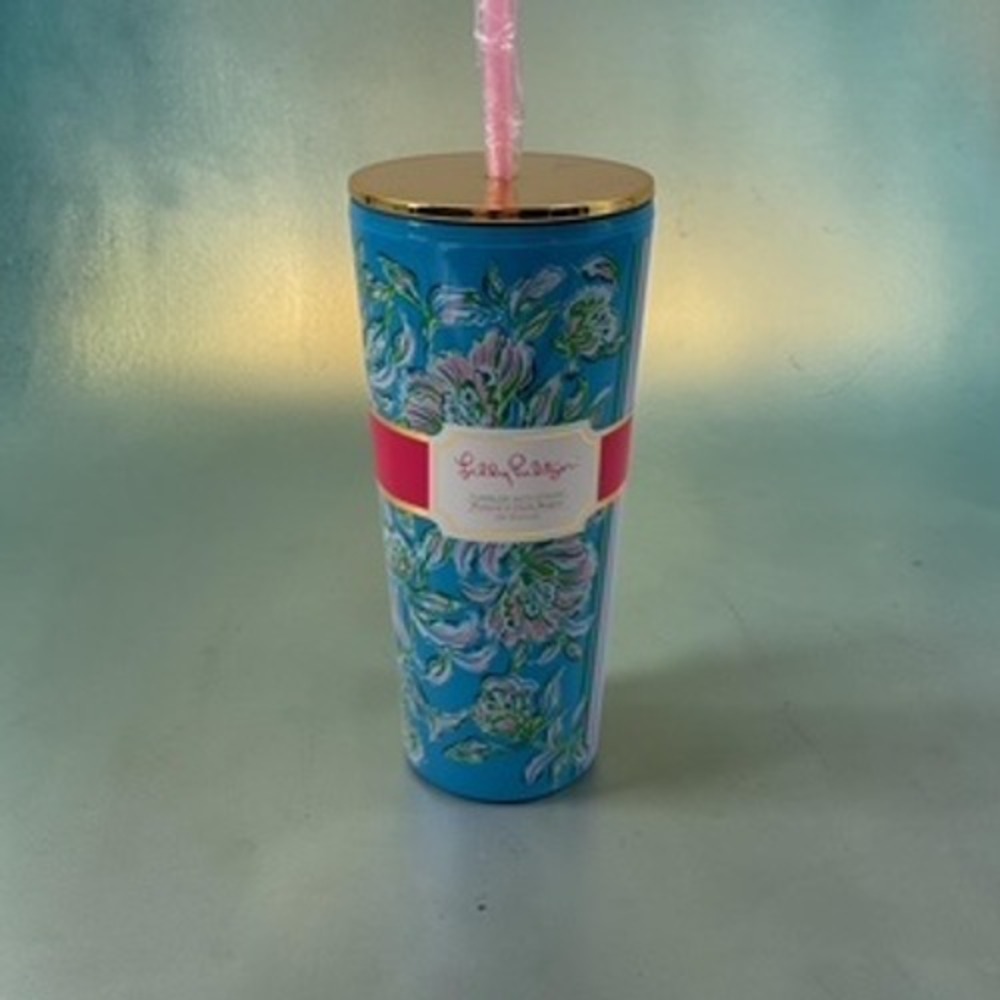 Lilly Pulitzer Blue Floral Tumbler with Gold Lid and Pink Straw 24oz NEW